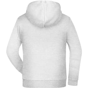 A grey children's hoodie with a hood and long sleeves, featuring a logo on the back.