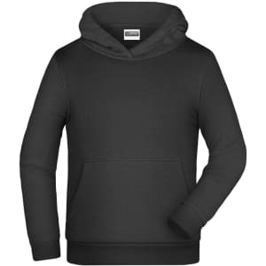 A dark grey children's hoodie with a front pocket and a hood. It features a logo on the label.