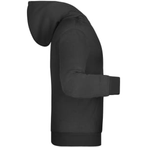 A black children's hoodie with a hood and long sleeves, featuring a side view and a logo.