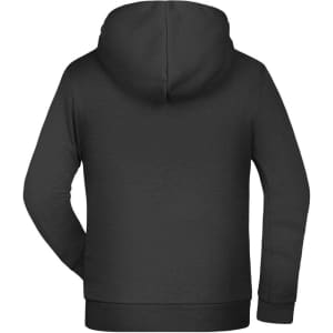 A black children's hoodie with a hood and long sleeves, featuring a plain back design.