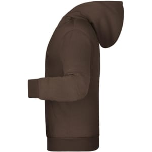 A brown children's hoodie featuring a hood and long sleeves, with a logo on the front.