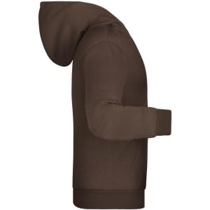 A brown children's hoodie featuring a hood and long sleeves, showcased in a side view.