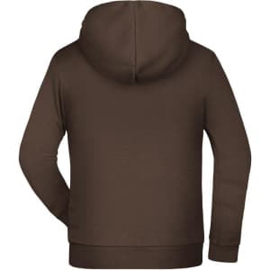 A brown children's hoodie with a hood and long sleeves, featuring a plain design and a logo on the back.