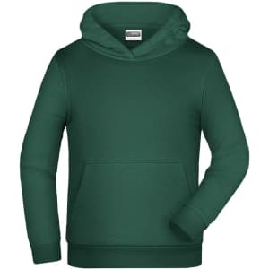 A green children's hoodie featuring a front pocket and a drawstring hood. The hoodie has a logo on the label.