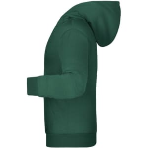 A green children's hoodie featuring a hood and long sleeves, with a logo on the front.