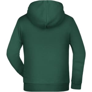 A green children's hoodie featuring a back view and a hood, with a simple design and a logo.