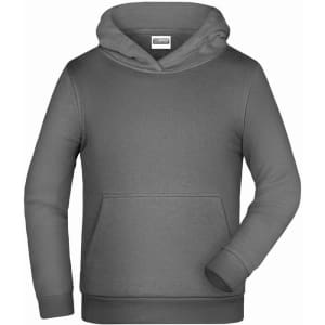 A grey children's hoodie with a front pocket and a drawstring hood, featuring a logo on the label.
