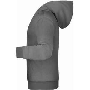A grey children’s hoodie featuring a kangaroo pocket and a hood, with a small logo on the side.