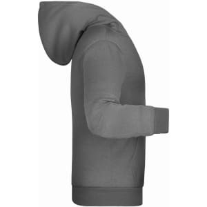 A grey children's hoodie featuring a hood, long sleeves, and a pocket at the front. It includes a logo.