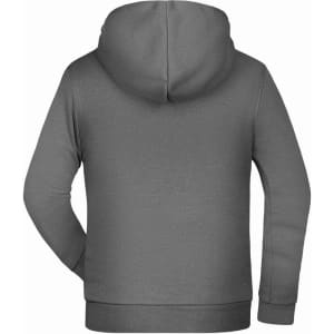 A grey children's hoodie with a hood, featuring a plain back and long sleeves.