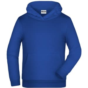 A blue children's hoodie with a front pocket and a hood. Features a branding logo.