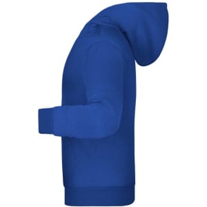 A blue children's hoodie with a hood and long sleeves, featuring a logo.