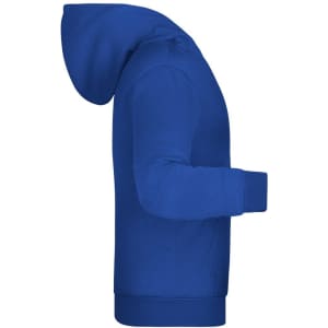 A blue children's hoodie featuring a kangaroo pocket and a hood, with a logo on the front.