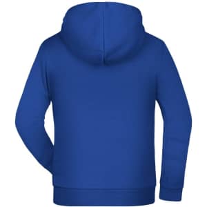 A blue children's hoodie with a kangaroo pocket and a hood, featuring a branding logo.