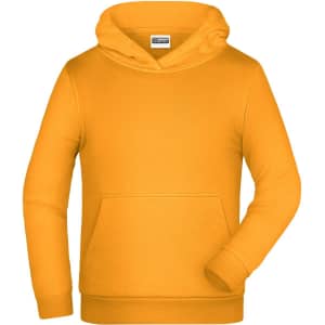 An orange children's hoodie with a front pocket and a hoodie. It features a logo on the chest area.
