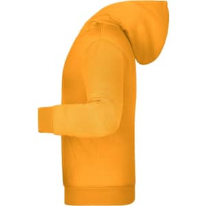A bright yellow children's hoodie with a side view, featuring a hood and long sleeves. It has a logo on it.