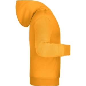A bright yellow children's hoodie with a hood, featuring a side view and long sleeves.