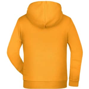 A bright yellow children's hoodie featuring a hood and long sleeves, with a back view displayed.