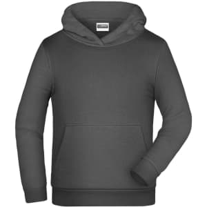 A grey children's hoodie featuring a front pocket and a drawstring hood. It has a logo on the chest.