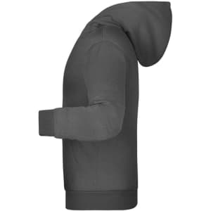 A grey children's hoodie with a hood, featuring long sleeves and a front pocket. The product has a logo on it.