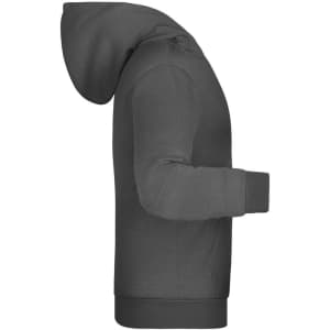 A grey children's hoodie featuring a kangaroo pocket and a hood, displayed from the side. It has a logo.