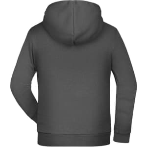A dark grey children's hoodie with a hood and long sleeves, featuring a branded logo.