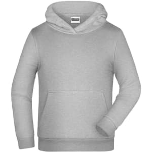 A grey children’s hoodie featuring a front pocket and a hood, with a logo on the label.