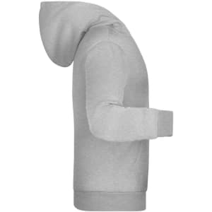 A grey children's hoodie featuring a front pocket and a hood, displayed from a side view. It has a logo.