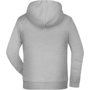 A grey children's hoodie featuring a kangaroo pocket and a hood at the back. Includes a logo.