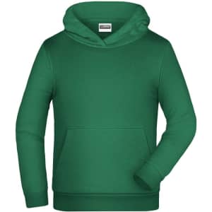 A green children's hoodie featuring a front pocket and a hood, with long sleeves. It has a logo on the label.