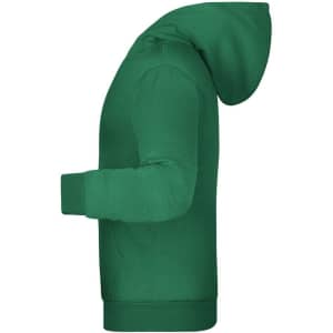 A green children's hoodie featuring a hood and a side view design, with a logo on the front.