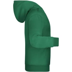 A green children's hoodie featuring a hood and long sleeves. It has one logo on the front.