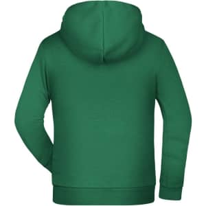 A green children’s hoodie featuring a hood and long sleeves, with a plain back design.