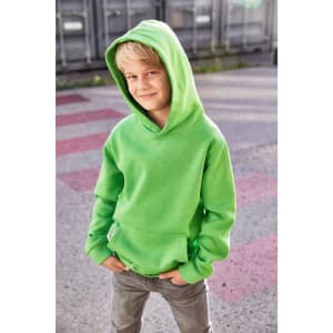 A bright green children's hoodie with a front pocket and a hood, worn by a boy standing outdoors.