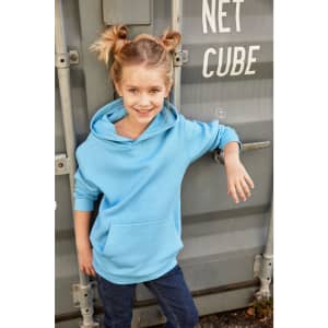A blue children's hoodie featuring a large front pocket, worn by a girl against a grey background.