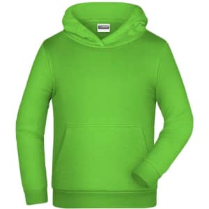 A bright green children's hoodie with a front pocket and a hood, featuring a logo on the chest area.