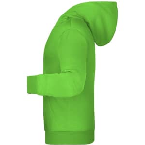 A bright green children’s hoodie with a front pocket and a large hood. It features a logo on the front.