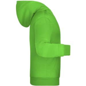 A vibrant green children's hoodie with a hood and long sleeves, featuring a pocket.