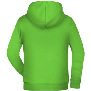 A vibrant green children's hoodie with a hood and long sleeves, featuring a branded logo.