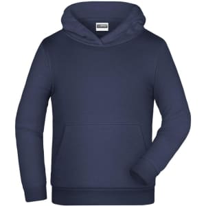 A navy blue children's hoodie with a front pocket and a hood, featuring a logo.