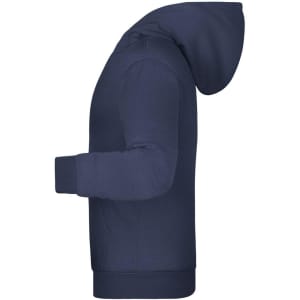 A navy children's hoodie featuring a pouch pocket and a hood. It has a logo on one side.