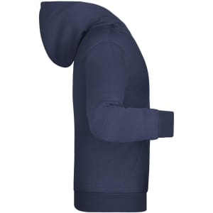 A navy children’s hoodie displayed from the side, featuring a hood and long sleeves. It has a logo on the front.
