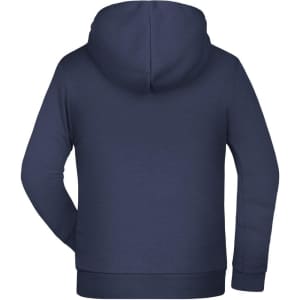 A navy children's hoodie features a standard design with a hood and long sleeves. It has a branded logo on the back.