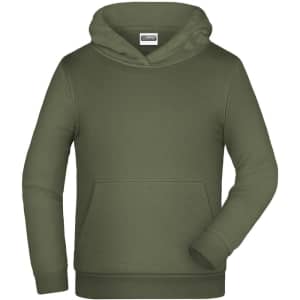 A children's hoodie in olive green with a front pocket and a hood, featuring a logo on the chest.
