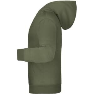 A green children's hoodie featuring a kangaroo pocket and a hood, with a logo on the front.