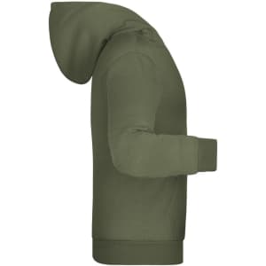 An olive green children's hoodie with a front pocket and a hood, featuring a logo.