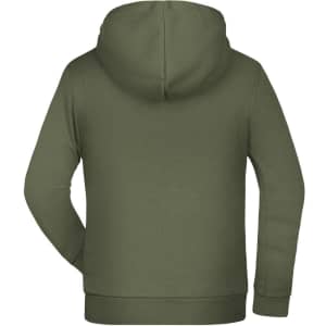 An olive green children's hoodie featuring a kangaroo pocket and a hood at the back. It has a logo.