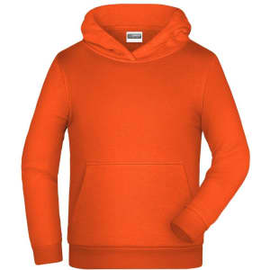 An orange children's hoodie with a front pocket and a hood, featuring a logo.