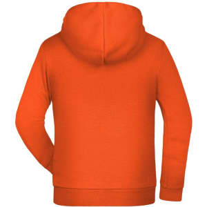 An orange children's hoodie featuring a spacious hood and a simple design. Includes a branded logo.
