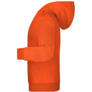 An orange children's hoodie featuring a hood and long sleeves, showcasing a side view.